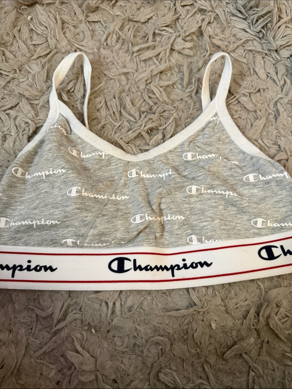 Champion Grey Logo Crop Bralette with White Elastic and Navy Script